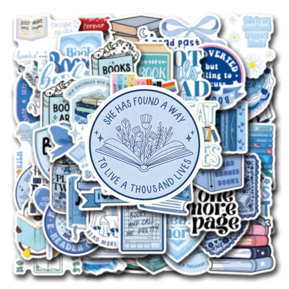 10/55Pcs Blue Bookish Reading Book Aesthetic Stickers for Students Stationery DIY Phone Luggage Laptop Notebook Graffiti Decals