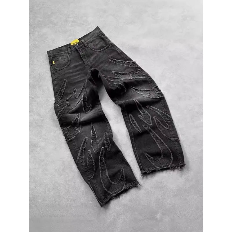 Men Denim Pants Jeans Spliced Wide Leg Pants Long Jean Patchwork Pockets Streetwear Mid Waist Washed Distressed Pant Vintage