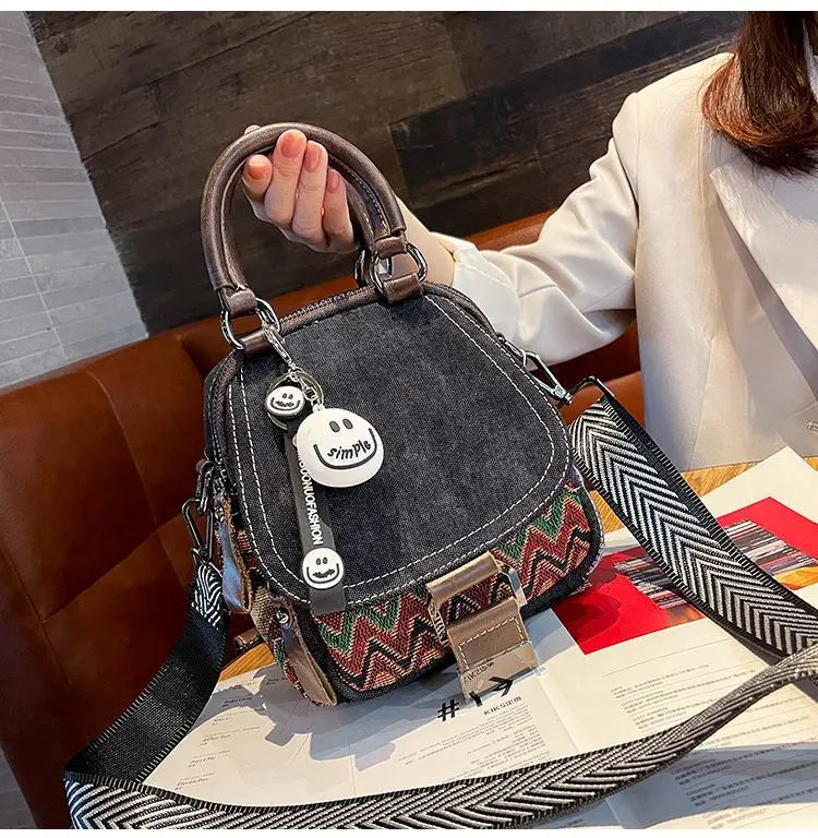 Denim Small Backpack  New Contrast Color Women Bag Retro Ethnic Style Embroidered Multifunctional Bagpack Crossbody Bolsa