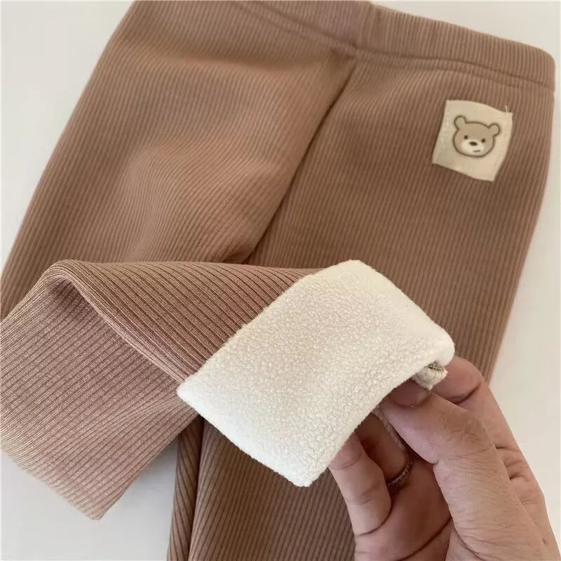 Autumn Girl's Leggings Fleece Lined Kid's Trousers Cartoon Bear Elastic Skinny Warm Pants for Girls