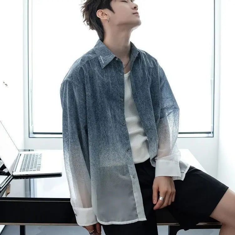 Summer Sun Protection Versatile Lightweight Long Sleeve Shirt Gradient Denim Men's Fashion Trendy Loose Top