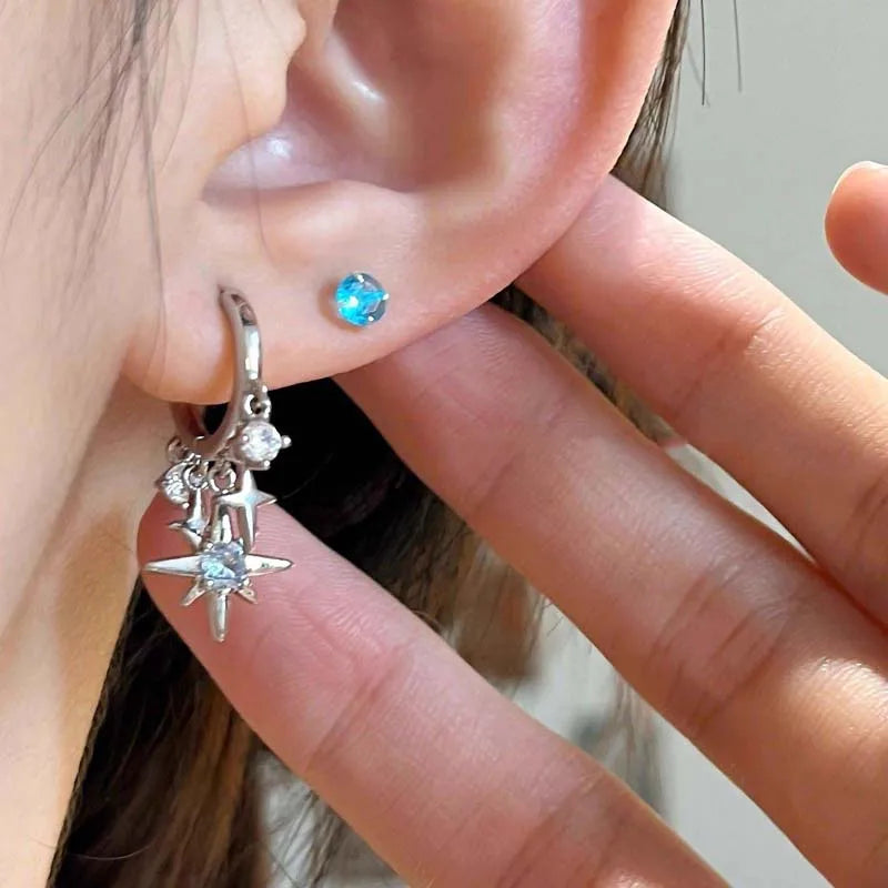 New Y2K Blue Zircon Star Tassel Pendant Earrings For Women Men Silver Color Ear Buckle Jewelry Gift Accessories Wholesale Sales