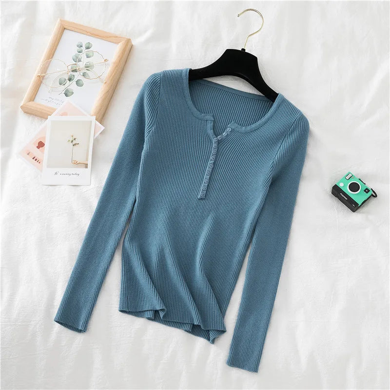 2026 Autumn Winter Button V Neck Sweater Women Basic Slim Pullover Women Sweaters And Pullovers Knit Jumper Soft Warm Tops