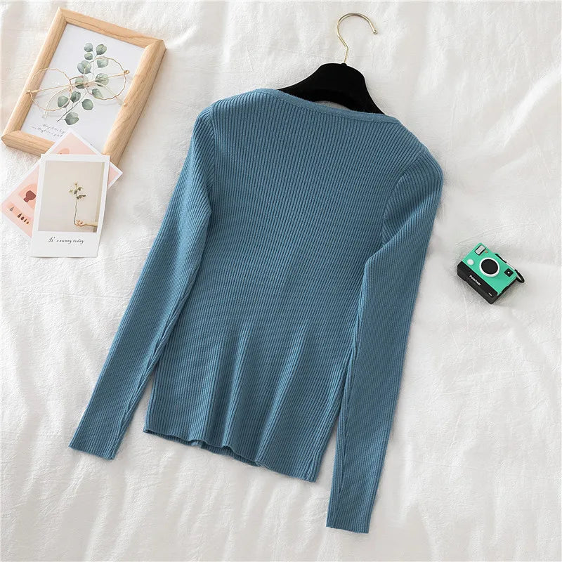 2026 Autumn Winter Button V Neck Sweater Women Basic Slim Pullover Women Sweaters And Pullovers Knit Jumper Soft Warm Tops