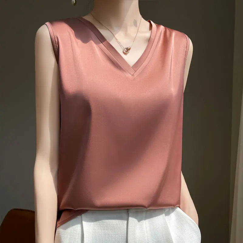 V-Neck Silk Vest Women's Summer Short Sleeved Top Acetate Satin Sleeveless Summer Shirt T-Shirt Loose Suspender Base YTM A39