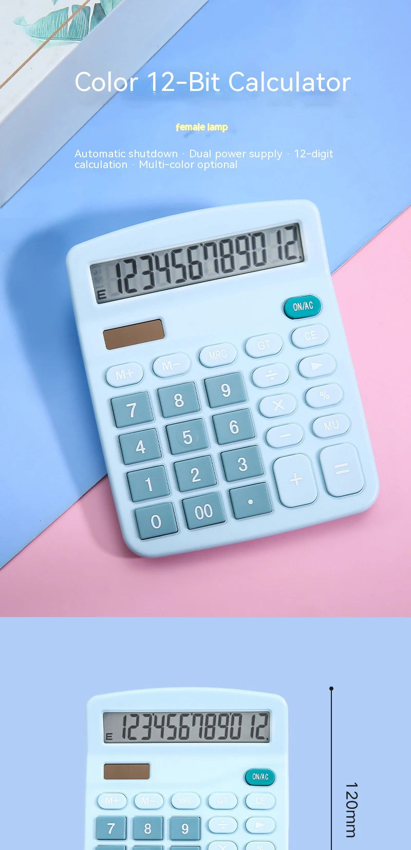 Solar Calculator with Dual Power Supply, 12 Digits, Electronic Calculator, Home, Office, School, Financial, accounting Tools