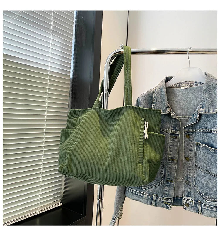 Corduroy Women Bag Fashionable Large Capacity Handbag Shoulder Bag Versatile Artistic Retro Student Class Bag with Zipper Pocket