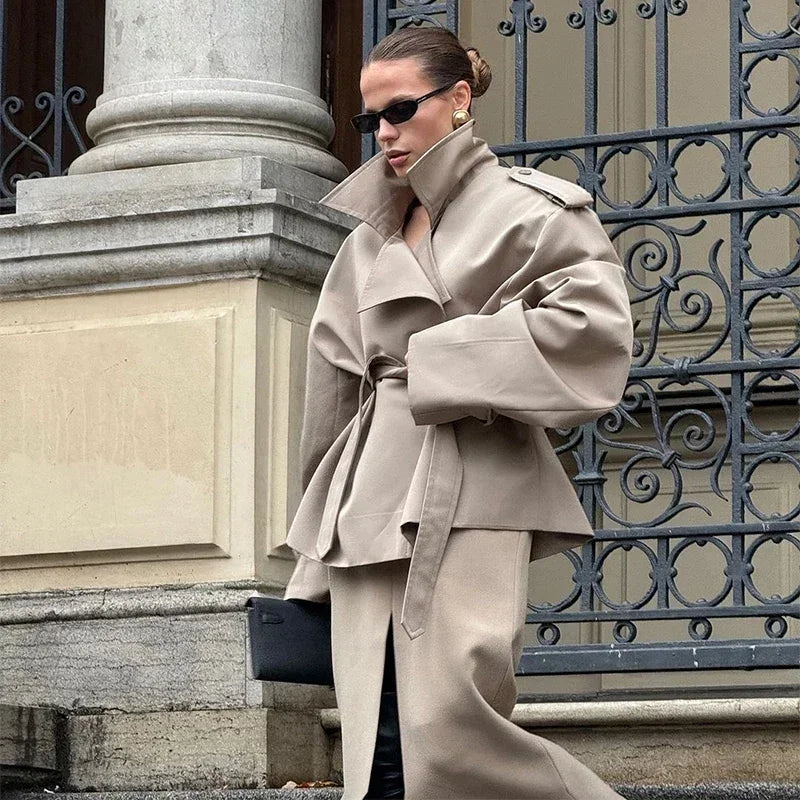 Solid Belted Waist Short Trench Coat Women Chic Wide Lapel Epaulet Detail Loose Long Sleeve Coats Fall Daily Commuter Outerwear