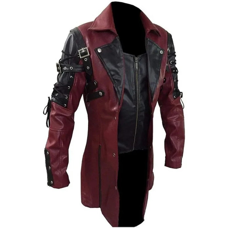New Steampunk Men's Gothic Trench Coat Leather Jacket Punk Style Biker Jacke Autumn Winter Motocycle Jacket