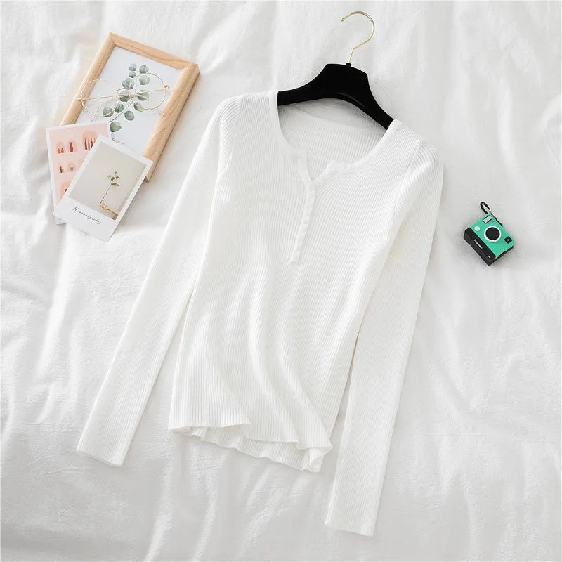 2026 Autumn Winter Button V Neck Sweater Women Basic Slim Pullover Women Sweaters And Pullovers Knit Jumper Soft Warm Tops