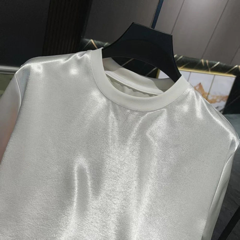 Mens Acetate Fiber Satin Glossy T-Shirt Pants Two-Piece Sets Streetwear Fashion Breathable Youth Outdoor Versatile Sets 2026 New