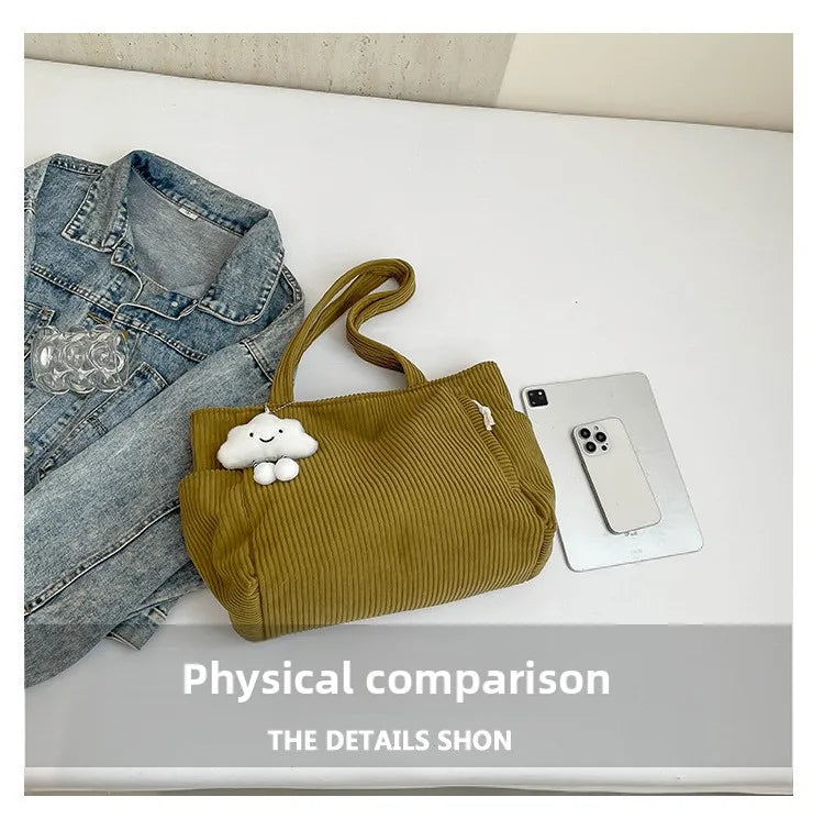 Corduroy Women Bag Fashionable Large Capacity Handbag Shoulder Bag Versatile Artistic Retro Student Class Bag with Zipper Pocket