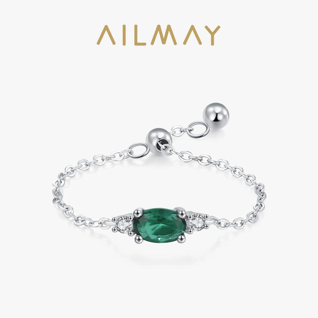 Ailmay Top Quality 925 Sterling Silver Trendy Green Oval  Adjustable Link Chain Rings For Women Fine Jewelry Gifts