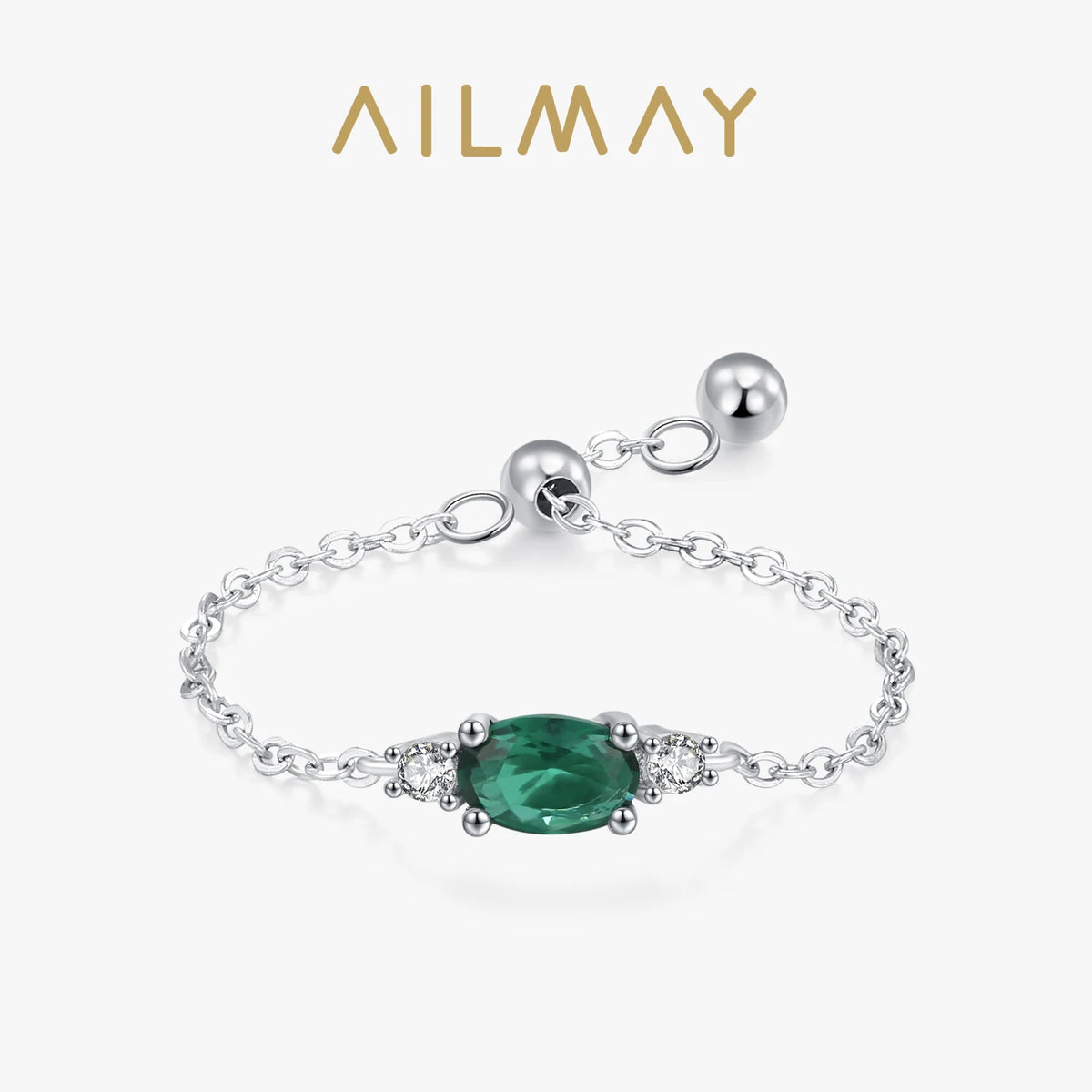 Ailmay Top Quality 925 Sterling Silver Trendy Green Oval  Adjustable Link Chain Rings For Women Fine Jewelry Gifts
