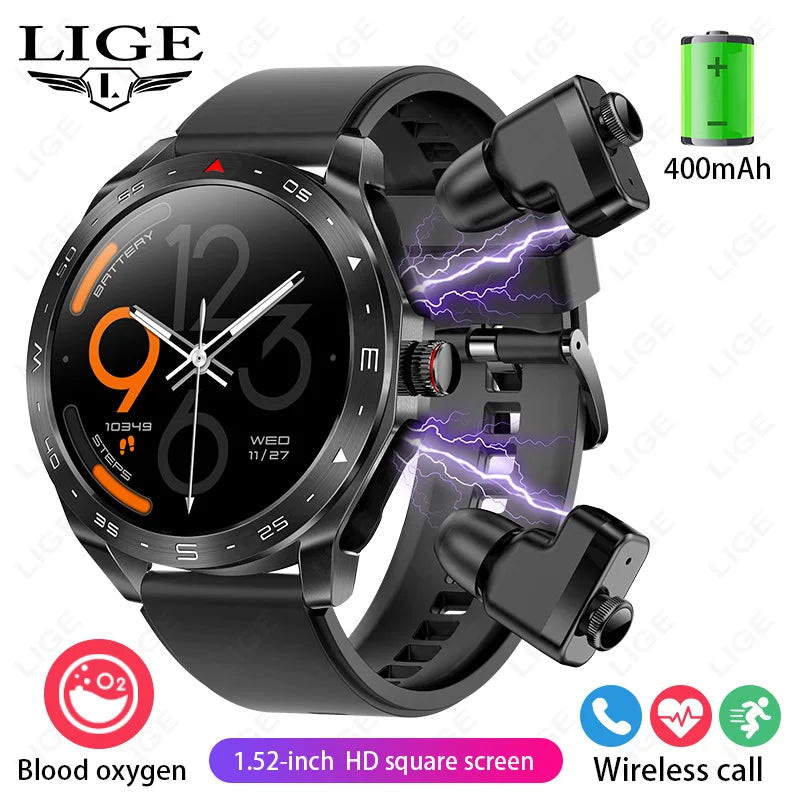 Smart Watch with Earbuds 1.52 inch HD Screen Fitness Tracker Sleep Monitor Pedometer All-in-one Local Music TWS Music Smartwatch