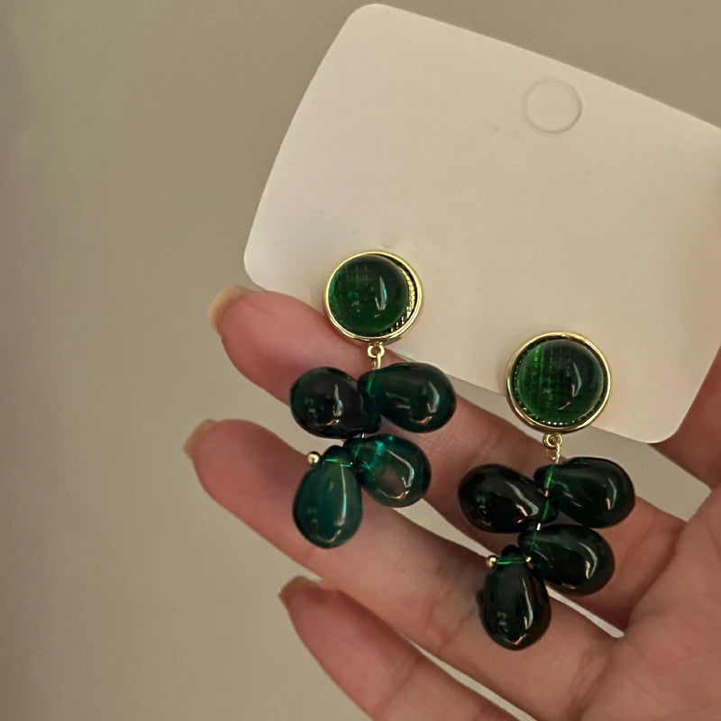Green Water Droplet Bead Earrings Women Simple Glass Bead Tassel Vintage Unique Classical Earrings Women Jewelry Gifts