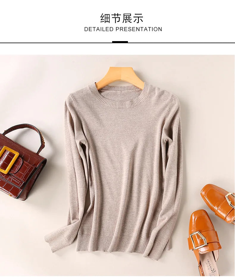 Women Slim O-Neck Solid Pullover Cashmere Wool Blending Sweater Autumn And Winter Long-Sleeved Knit Bottoming Shirt Large Size
