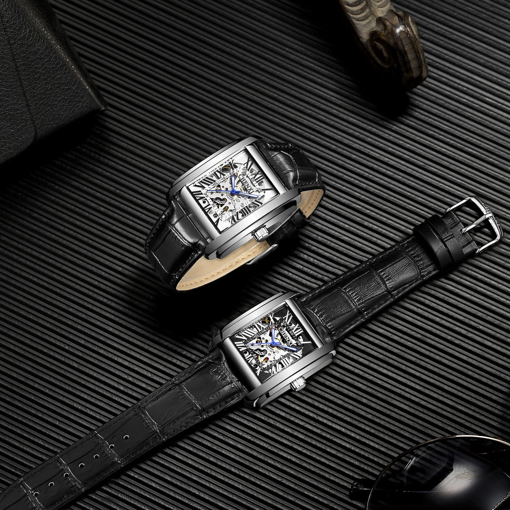 Square Skeleton Mechanical Watches for Man Luxury Business Casual Man Automatic Watch Leather Strap Gift Hand Clock for Men