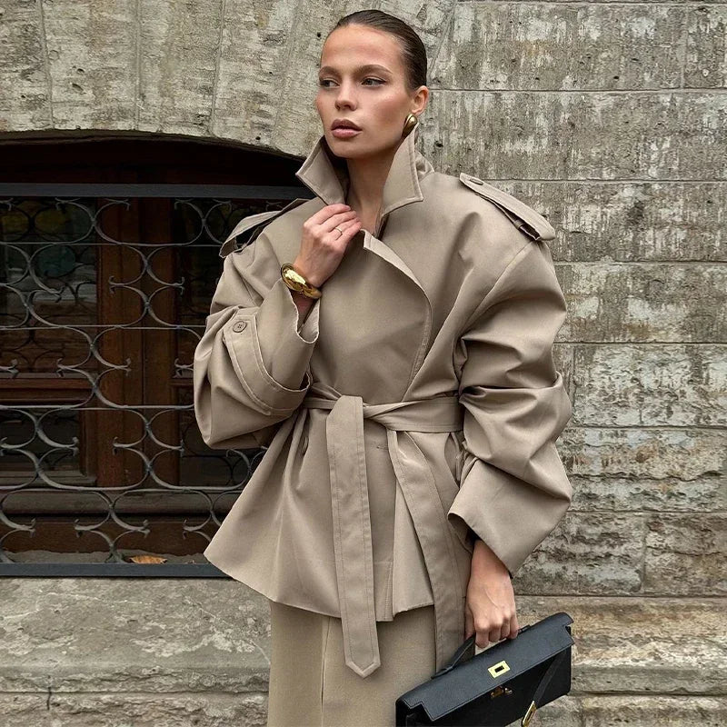 Solid Belted Waist Short Trench Coat Women Chic Wide Lapel Epaulet Detail Loose Long Sleeve Coats Fall Daily Commuter Outerwear
