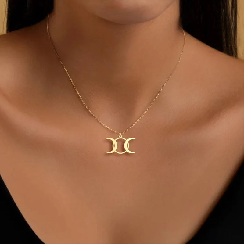14k Gold Plated Triple Moon Goddess Necklace Stainless Steel Wiccan Moon Phases Pendant Symbol of Feminine Power Jewelry