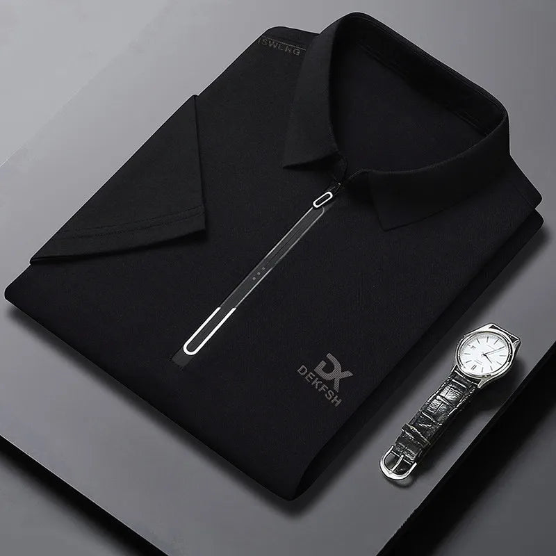 New Men's Business Casual Zipper Short Sleeve Solid Color Polo Shirt Fashionable Warm Comfortable Four Seasons Versatile Top