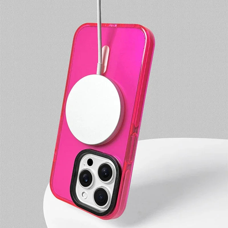 Neon Color Clear Crystal Magnetic Phone Case For Iphone 17 16 15pro 15 14 13max 12 Wireless Charging Soft Silicone Bumper Cover