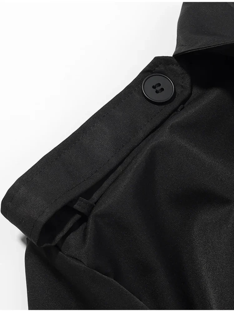 Solid Belted Waist Short Trench Coat Women Chic Wide Lapel Epaulet Detail Loose Long Sleeve Coats Fall Daily Commuter Outerwear