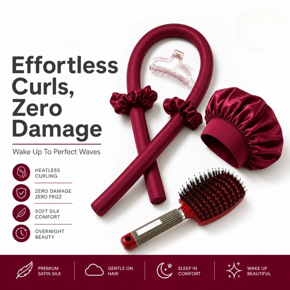 6Pcs No-Heat Hair Curling and Comb Set Satin Bonnet Cushion Hair Brush Overnight Wave Maker Hair Care Kit Styling accessories