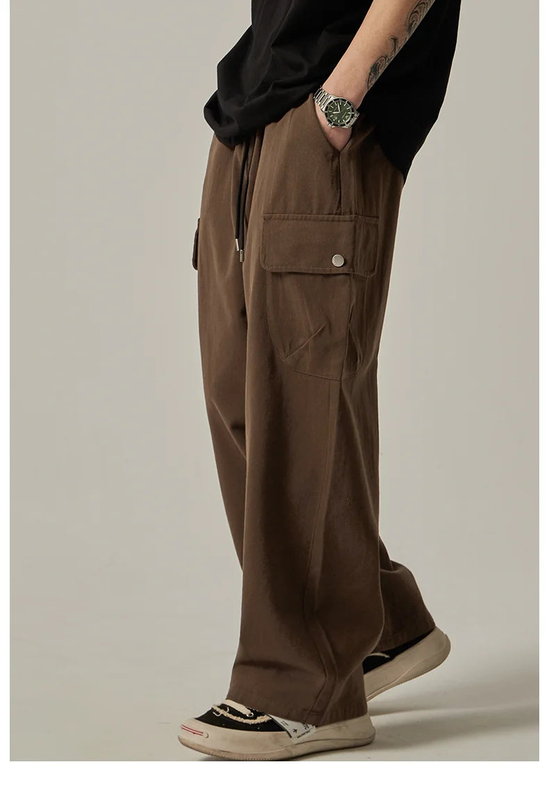 Men's Sweatpants 2025 Spring Autumn Vintage Japanese Wide Leg Straight Loose Button Big Pockets Cargo Pants Drawstring Trousers