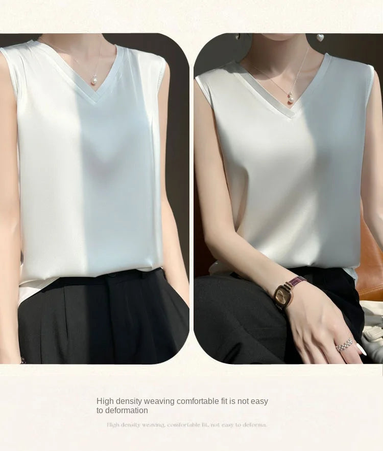 V-Neck Silk Vest Women's Summer Short Sleeved Top Acetate Satin Sleeveless Summer Shirt T-Shirt Loose Suspender Base YTM A39