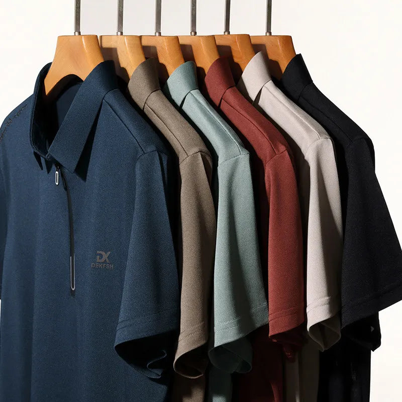 New Men's Business Casual Zipper Short Sleeve Solid Color Polo Shirt Fashionable Warm Comfortable Four Seasons Versatile Top