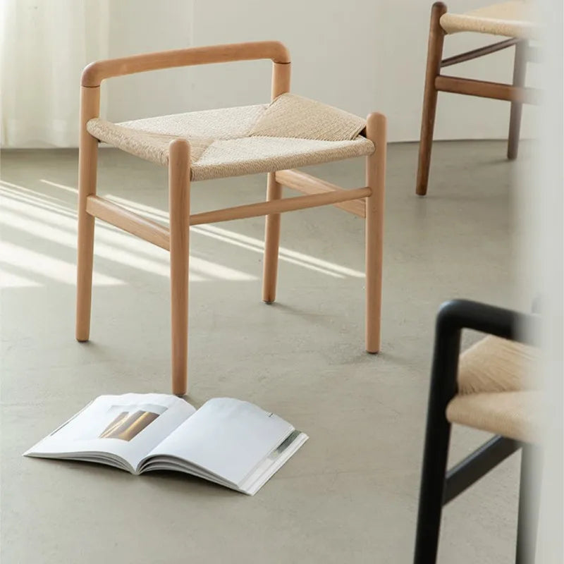 MOMO Scandinavian Simple Wood Vanity Stool Rattan Wicker Antique Square Stool Designer Creative Home Entrance Gateway Shoe Bench