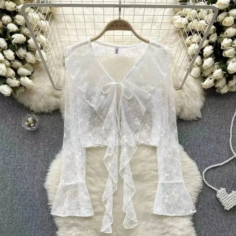 Women's Lace Cover Up Cardigan Cropped Tie Front Bell Sleeves Blouse Lightweight Shawl Jacket Outwear Blouse For Covers Clothing