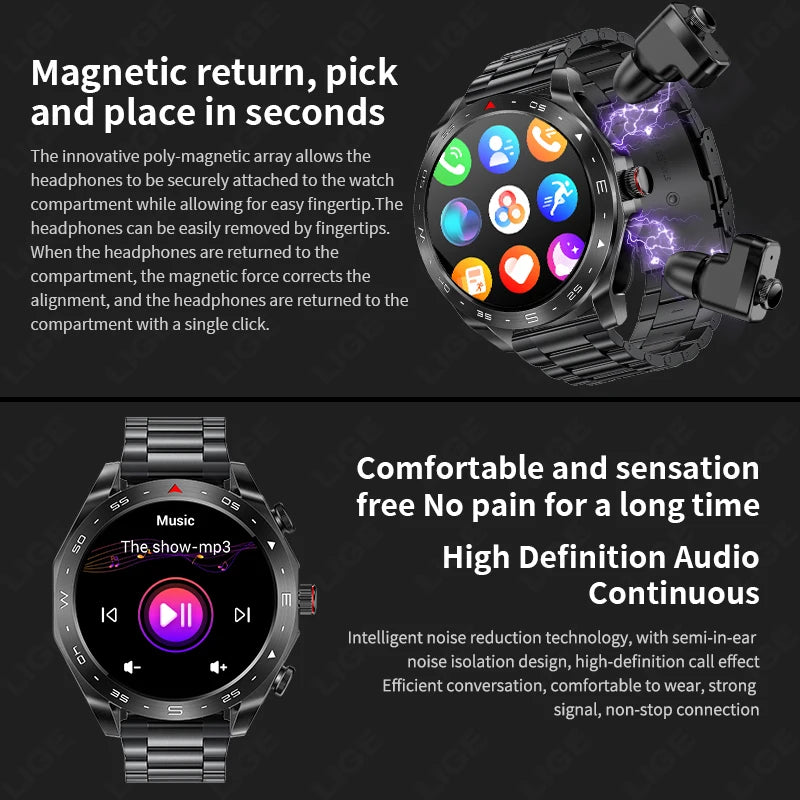 Smart Watch with Earbuds 1.52 inch HD Screen Fitness Tracker Sleep Monitor Pedometer All-in-one Local Music TWS Music Smartwatch