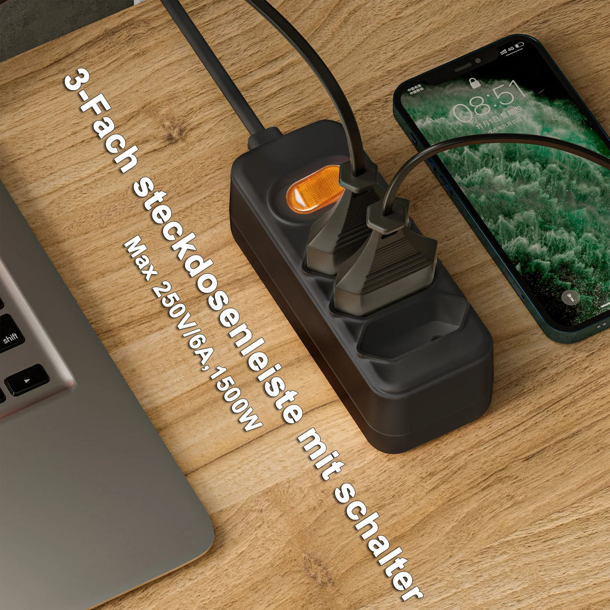 3-Way European Plug Power Strip 2 prong plug Multiple Socket with 2m Extension Cable Euro Outlet Power Adapter for TV computer