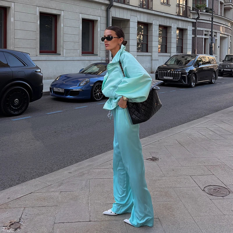 Shiny Fabric Jacket High Stand Collar Oversized Puff Sleeve Drawstring Cropped Hem 2026 Autumn Fashion Daily Lady Sweet Jacket