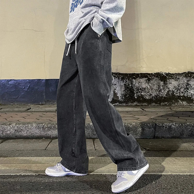 Korean Fashion Men's Baggy Jeans Elastic Waist  Classic olid Color Straight-leg Denim Wide-leg Pants Male Light Blue Grey Black