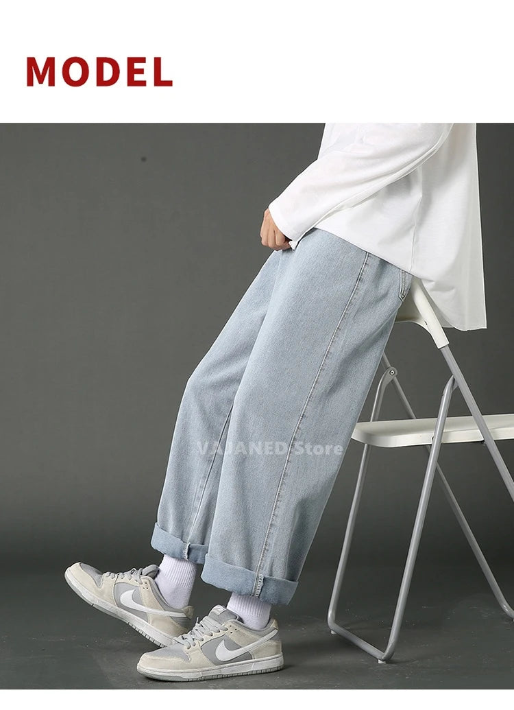 New Street Casual Baggy Jeans Men's Korean Fashion Hip Hop Straight Wide Leg  Trousers Couple Denim Pants Black Light Blue
