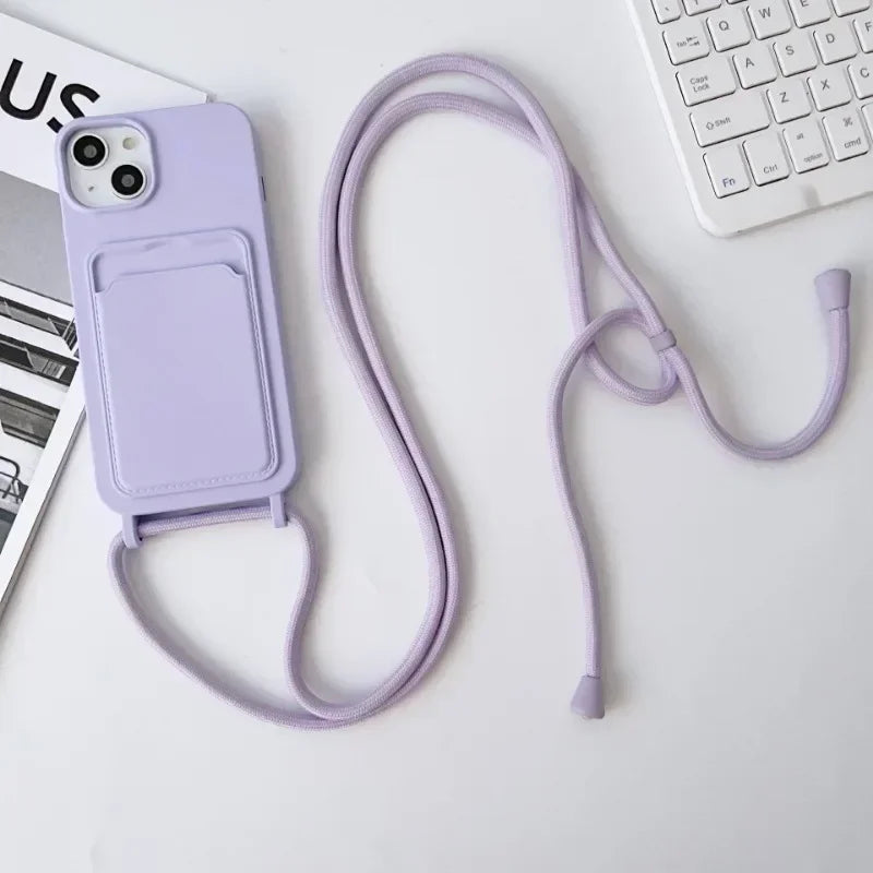 Crossboby Lanyard Rope Phone Case with Card Holder For iPhone 17 16 E 15 14 13 12 11 Pro Max Necklace Strap Soft Silicone Cover