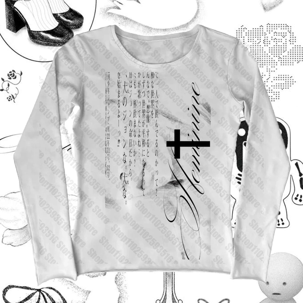 Women's T-shirts Woman Clothes for Women Trashy Y2k 2000s Tops Goth Anime Girl Long Sleeve Baby Tees Y2k Kitty Spring 2025 Woman