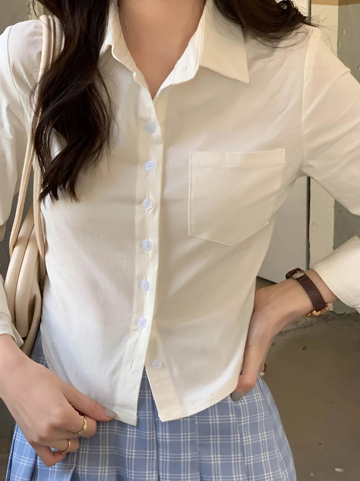 Korean White Office Women Chiffon Shirt Pocket Button Lapel Ladies Blouse Spring Commuter Long Sleeve New Female Crop Tops