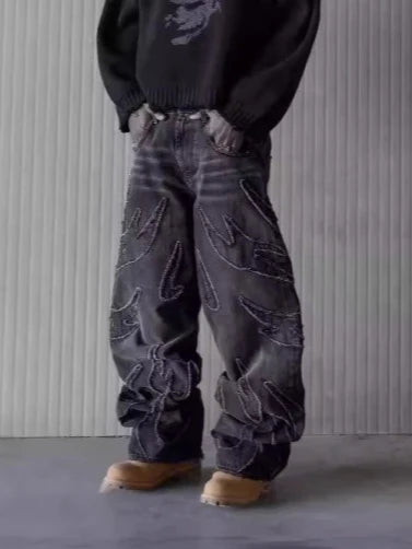 Men Denim Pants Jeans Spliced Wide Leg Pants Long Jean Patchwork Pockets Streetwear Mid Waist Washed Distressed Pant Vintage