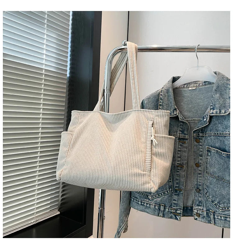 Corduroy Women Bag Fashionable Large Capacity Handbag Shoulder Bag Versatile Artistic Retro Student Class Bag with Zipper Pocket