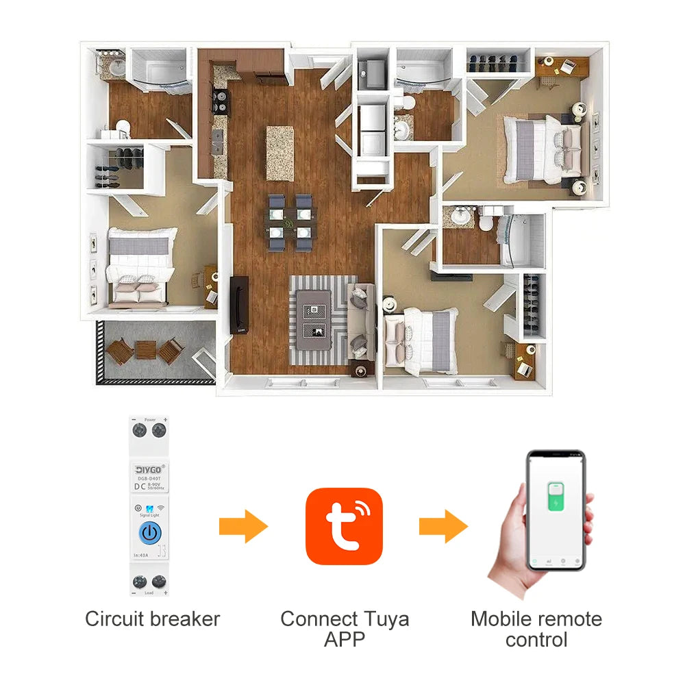 Smart WIFI Circuit Breaker 40A 8-90VDC Smartlife/TUYA App Loop Timer Relay Status Switch Remote Control Real-Time Monitoring