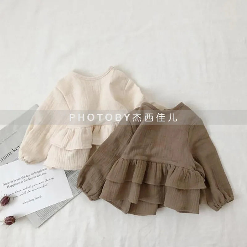 Children's Korean Version Spring and Autumn New T-shirt, Girls' Lotus Leaf Lace Drawstring Long Sleeved Cotton Yarn Top