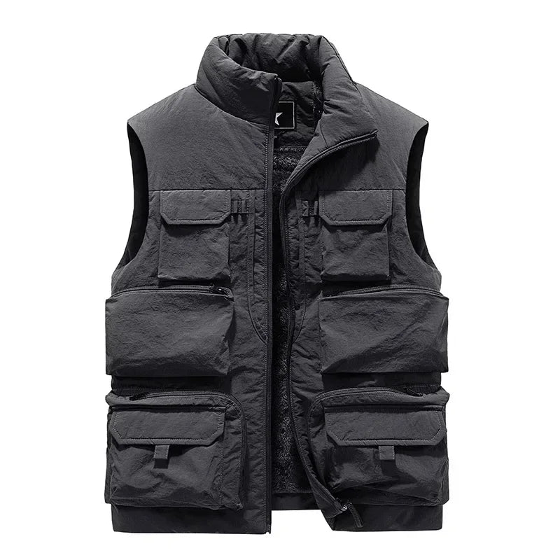 Men's New Keep Warm Fleece Work Sleeveless Jacket Slim Fit Windbreaker Fashion Many Pocket Jacket Men Winter Sleeveless Jackets