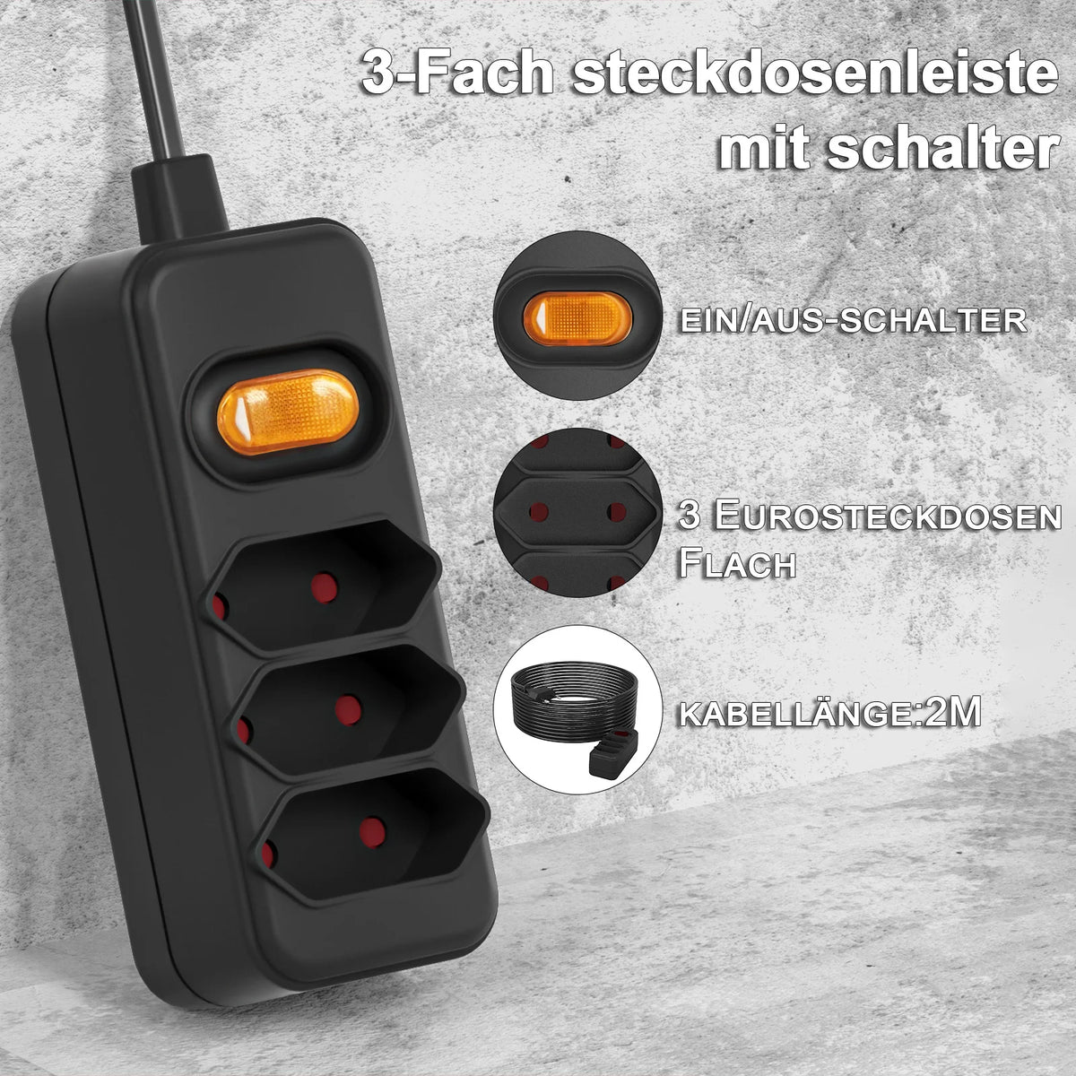 3-Way European Plug Power Strip 2 prong plug Multiple Socket with 2m Extension Cable Euro Outlet Power Adapter for TV computer