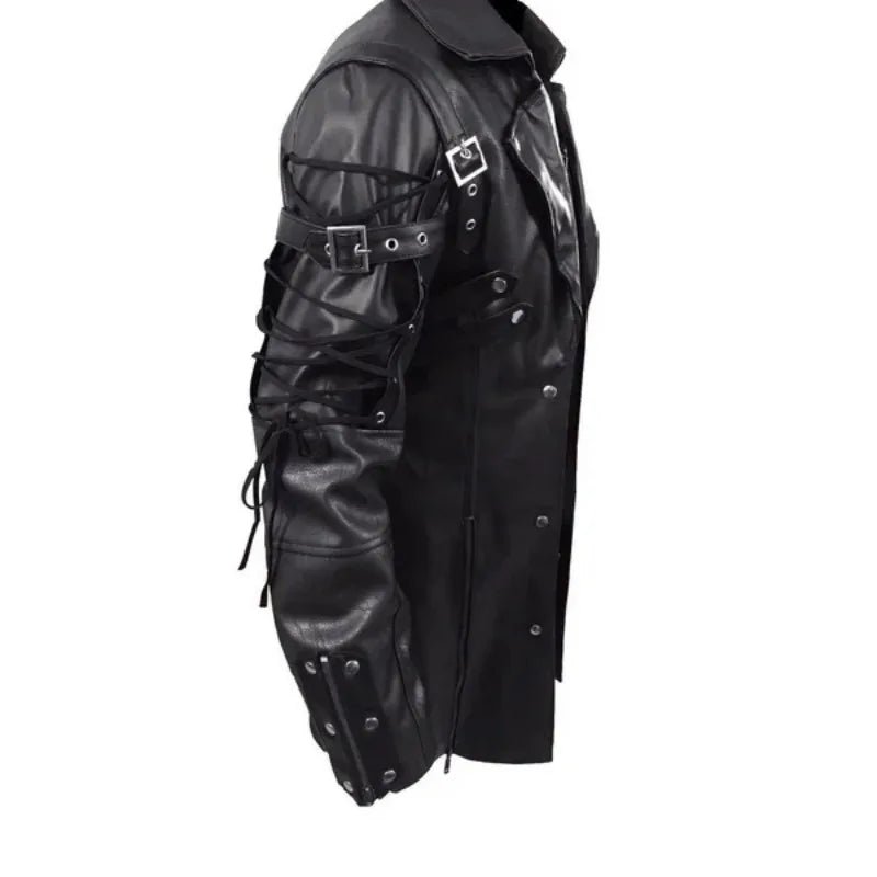 New Steampunk Men's Gothic Trench Coat Leather Jacket Punk Style Biker Jacke Autumn Winter Motocycle Jacket