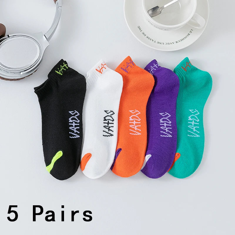 5 Pairs Men Bright Colored Ankle Socks Breathability Fashionable Casual Street Style Deodorizing Invisible Travel Running Socks