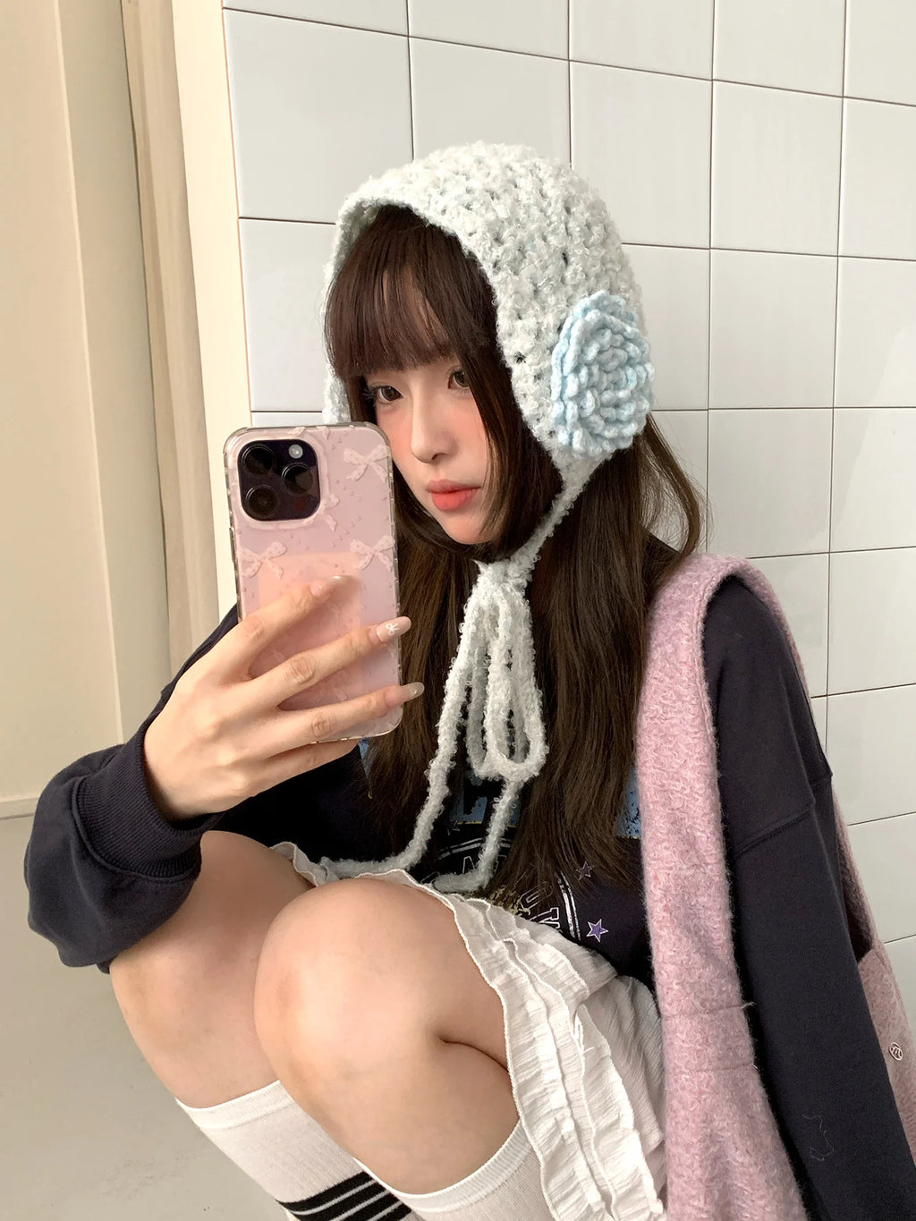 Sweet And Lovely Three-Dimensional Flower Knitted Handmade Women's Autumn And Winter Atmosphere Warm Earmuffs